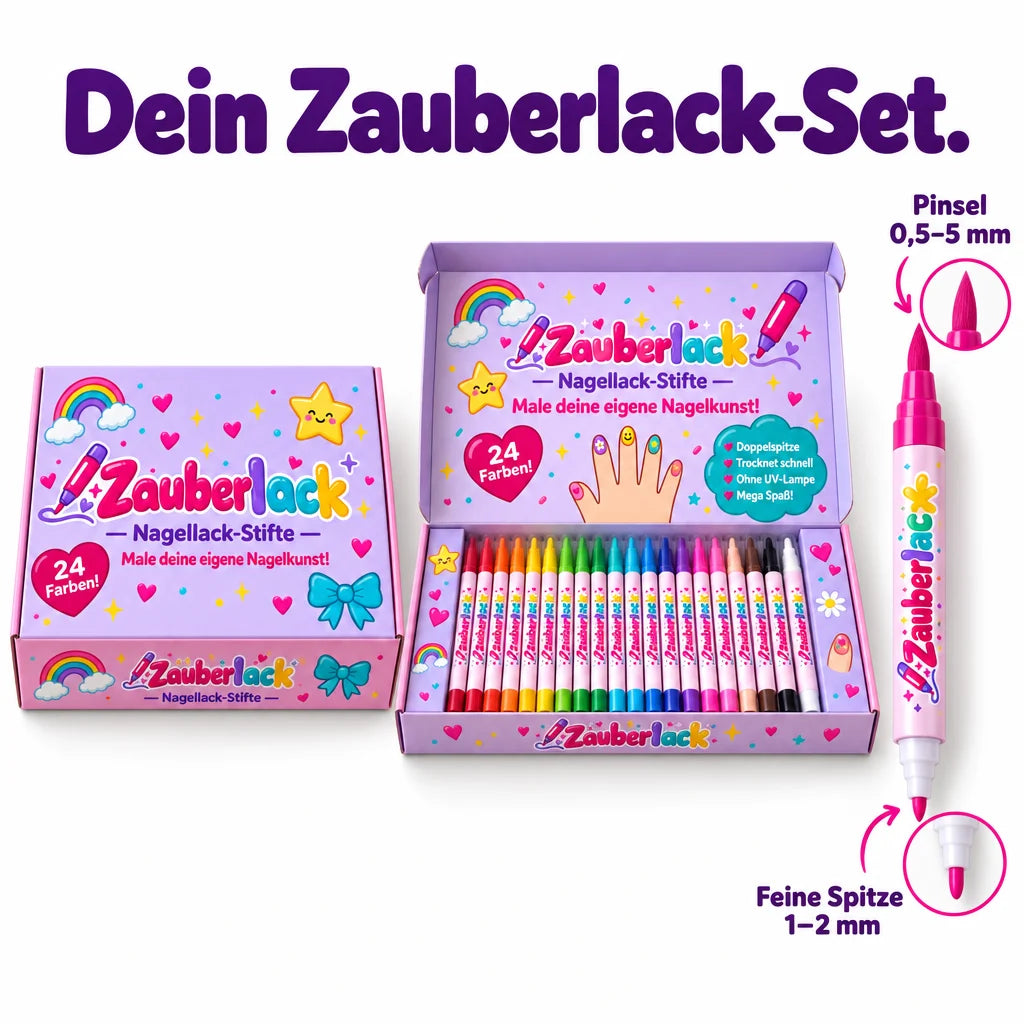 Dein Zauberlack-Set: jeder Stift mit Pinsel und feiner Spitze