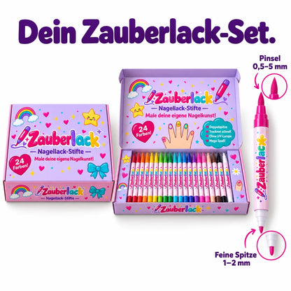 Dein Zauberlack-Set: jeder Stift mit Pinsel und feiner Spitze